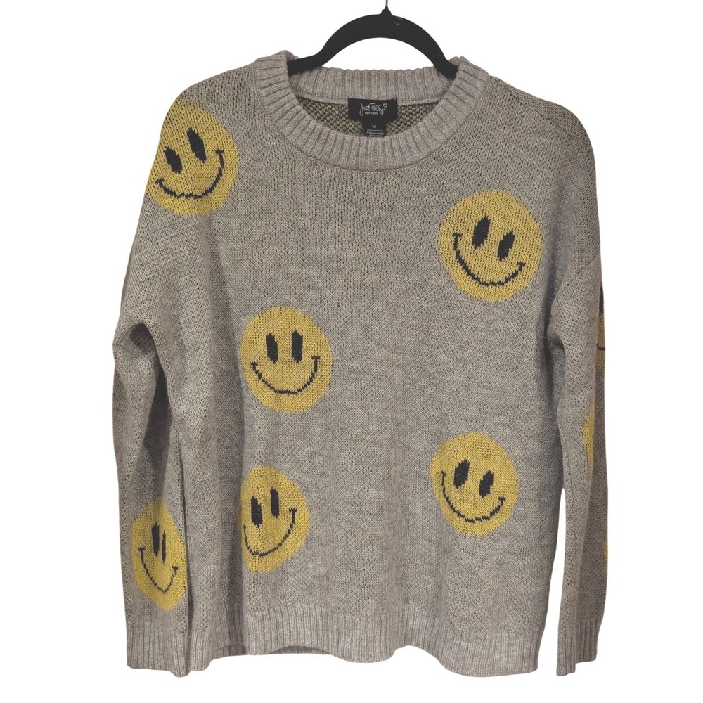 Just Polly Smiley Face Sweater M Grey Yellow Happy Graphic Knit Retro Kidcore